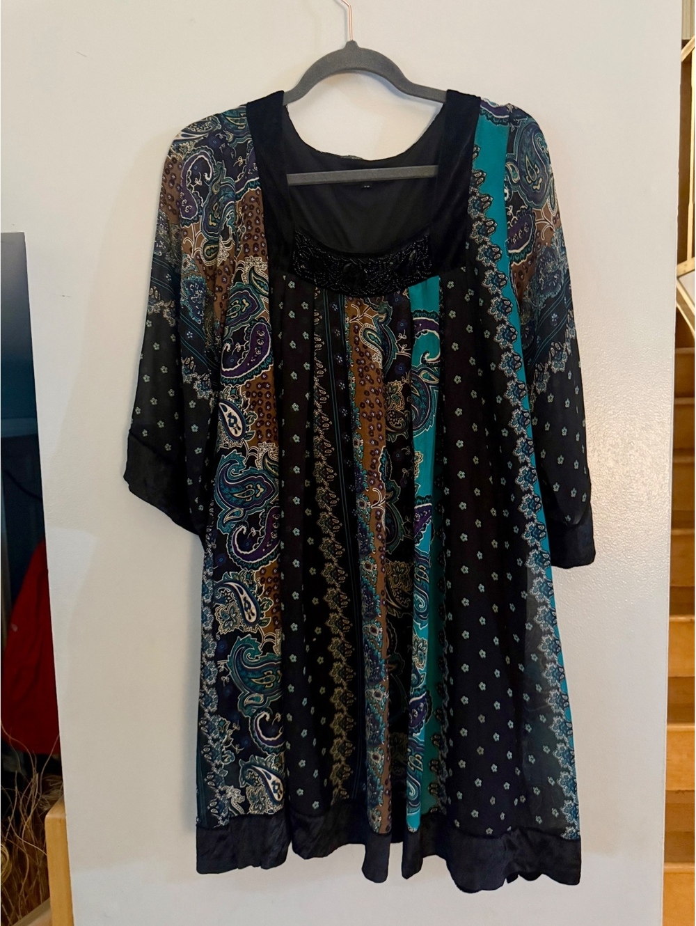 Boho Patchwork Paisley Tunic Dress Embellished Neck Sheer Teal Purple